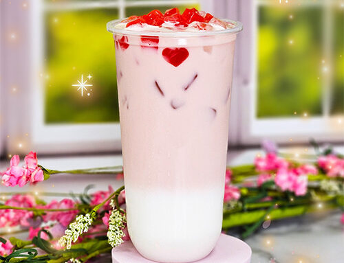 Spring Boba Menu; Sakura Lychee with Strawberry Heart Jelly